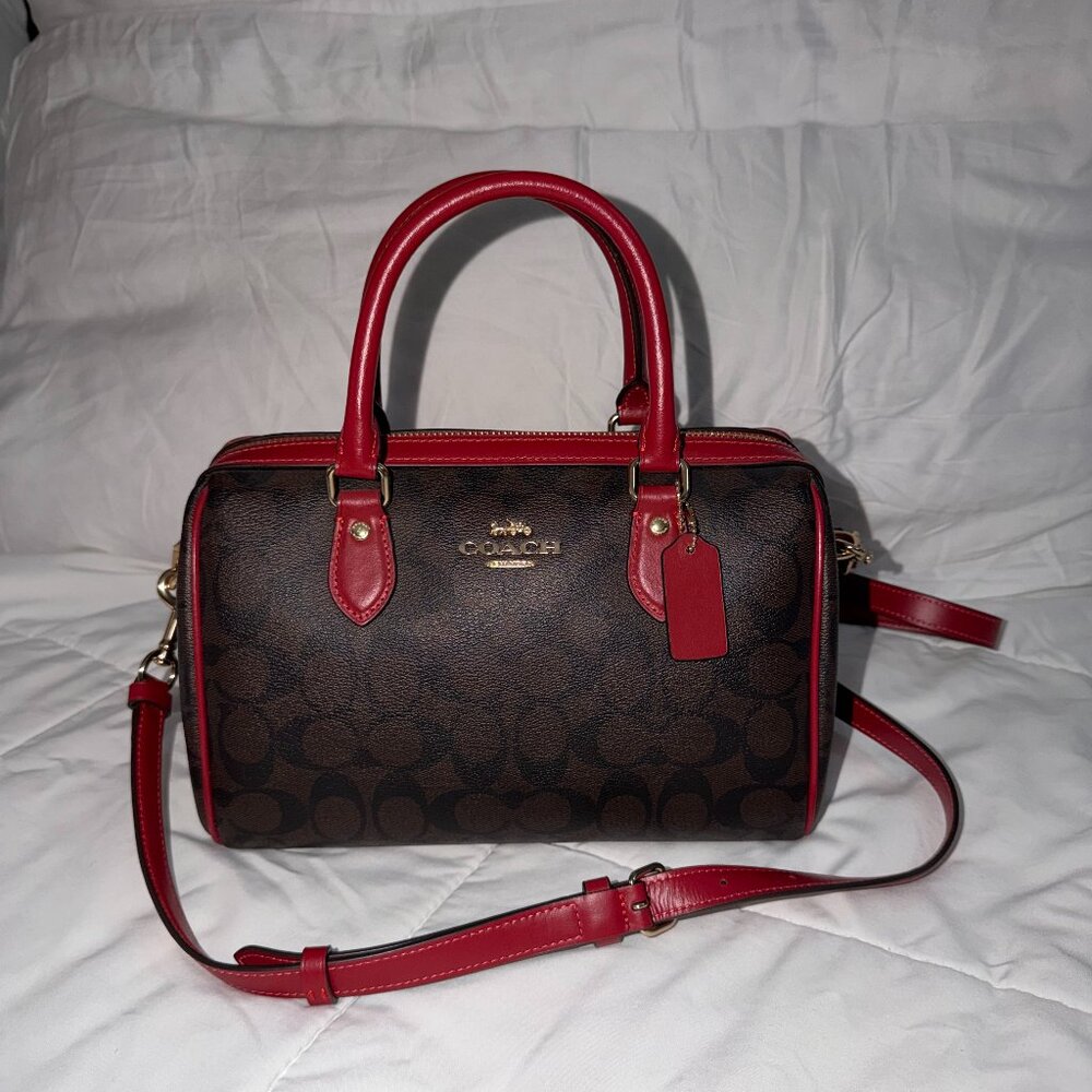 Coach Rowan Satchel Bag In Maxi Signature Canvas (Gold/Walnut/True Red)